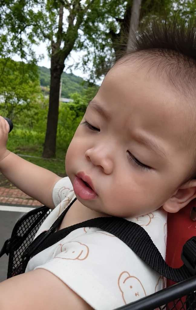 騎腳踏車回程弟弟睡著了