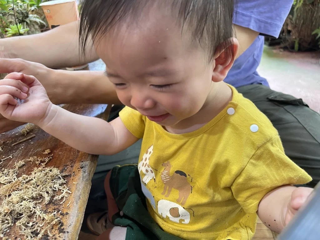 雖然一歲孩子不太適合完整參與手作或藍染，但他仍然有一些覺得有趣的地方。
